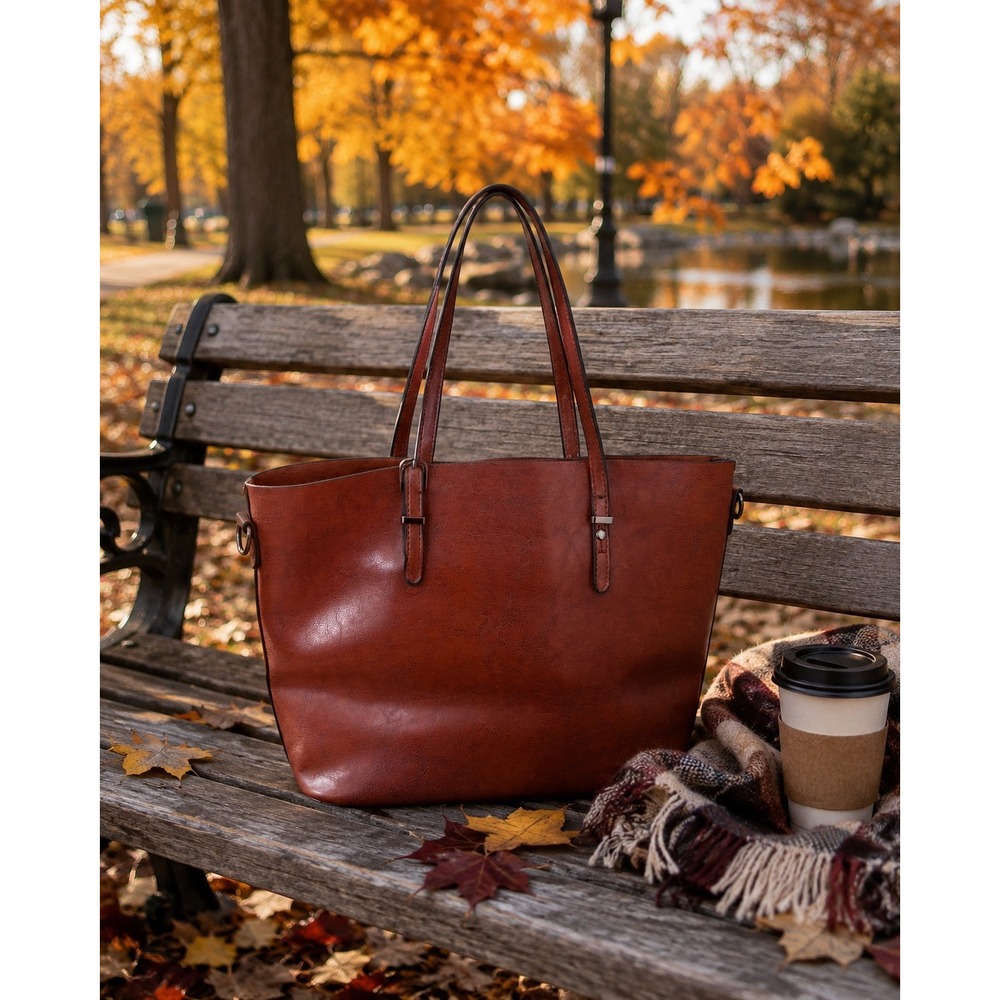 Brown Cognac Vegan Leather Large Tote Bag with Zipper Pockets Minimalist Office